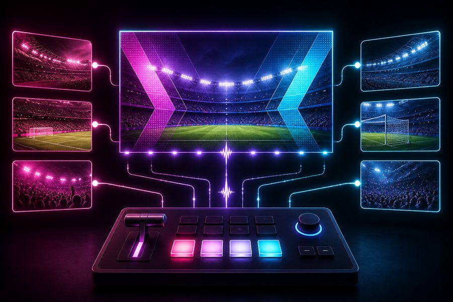 Kreative Illustration einer Live-Regie mit Kamerafeeds, Bildmischer und Stadion-Videowall